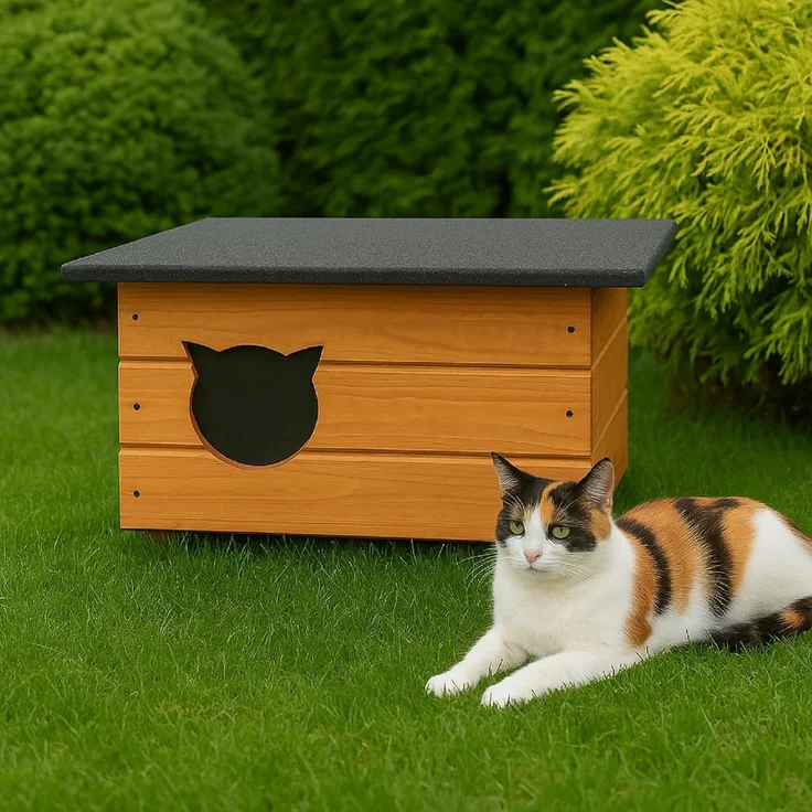 QLS Katzenhaus Isoliert aus Holz 60x40x40 cm, Outdoor Draußen Winterfest mit Vorhang, Teak – Bild 7