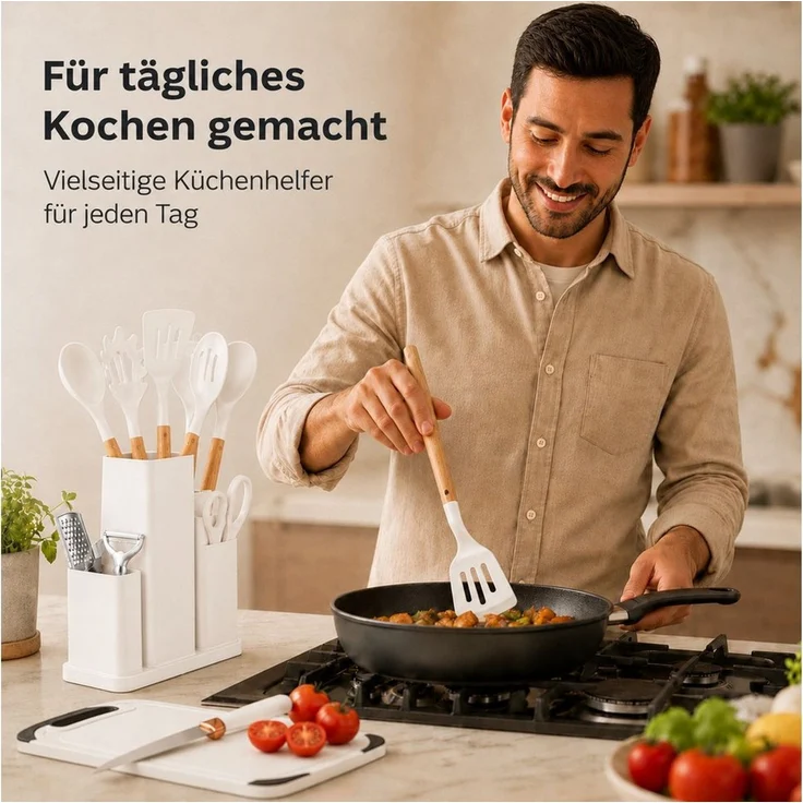 Diyarts Kochbesteck-Set (für beschichtete Pfannen, inklusive Kochmesser, Beige 23-teilig, Grün, Weiß und Schwarz je 20-teilig), Schonende Silikon-Küchenhelfer mit Holzgriffen & Messer im Set – Bild 3