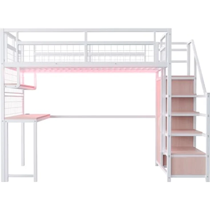 Ball & Cast Loft Bed (140x200 cm) mit Aufbewahrungsleiter und Einfachem Kleiderschrank, Metal Hochbett mit Tisch + Netzregal, Stabil & Rauschlos, Weiß – Bild 9