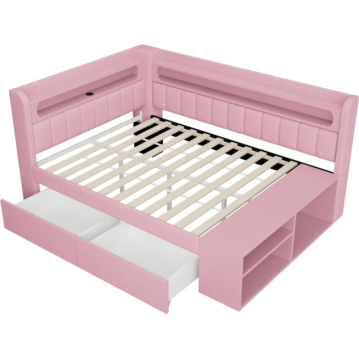 Merax Kinderbett, Einzelbett, Schlafsofa 90x200cm mit USB-Anschluss und LED-Lichtleiste, inklusive Schuhschrank und zwei Schubladen, Rosa – Bild 8