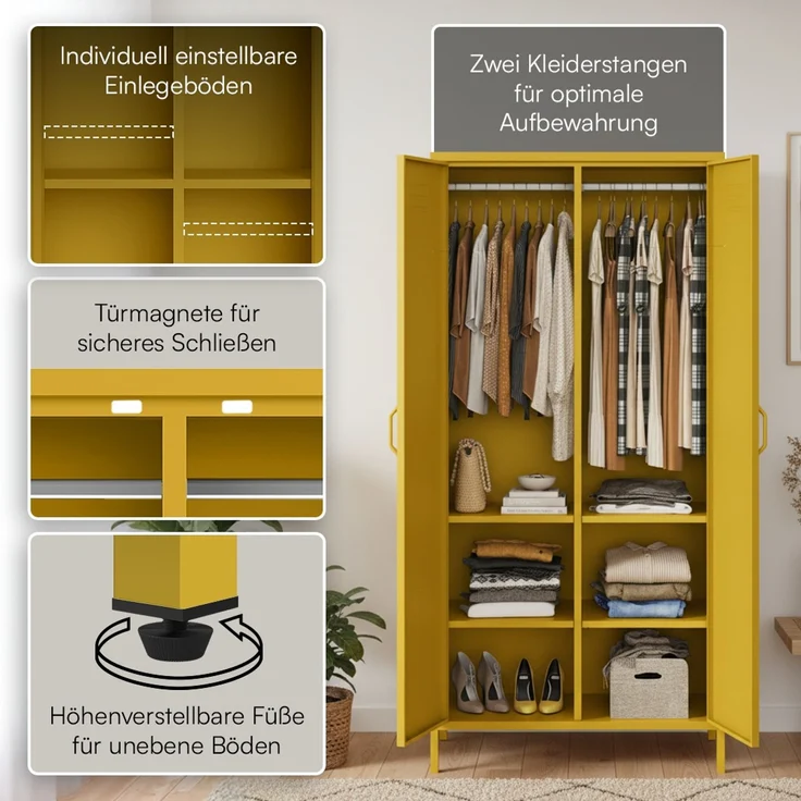 skølm 'Atria' Kleiderschrank, Metall, 170x45x80 cm, senfgelb, Garderobe mit 4 Fächern und 2 Kleiderstangen – Bild 3