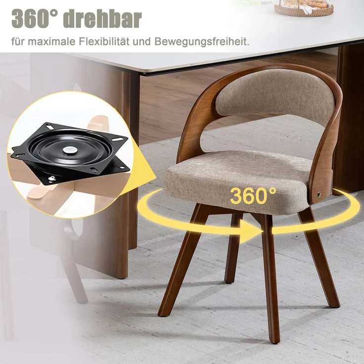 LVHOM Esszimmerstuhl 360° drehbar, 2er Set, Polsterstuhl aus Leinen und Massivholz, Küchenstuhl gepolstert, ergonomischer Schalenstuhl mit Armlehne, bis 150 kg – Bild 3