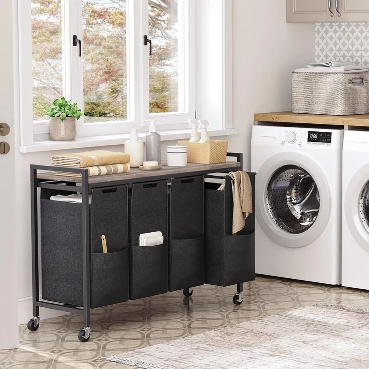 Wäschekorb mit Ablage und Rollen, 4 x 39,8 L, Oxford-Gewebe, Abnehmbar Greige – Bild 2