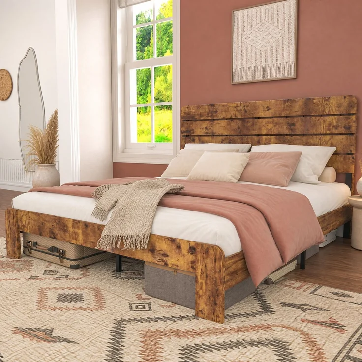 CHICFURN Bett aus MDF und Metall Braun 140x200 cm mit Eisenlattenrost – Bild 1