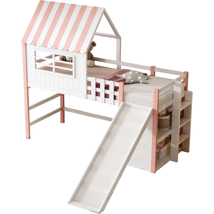 Kinderbett, 90 x 200 cm Dachboden-Design mit Sicherheitsleiter und Sicherheitsrutsche, mehrstöckige Ablagefächer, Multifunktionsbett Massivholzbett Einzelbett Hochbett, Holz, Rosa, 90 x 200 cm – Bild 3