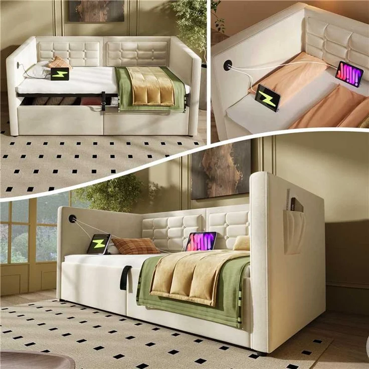 EINHOM Polstertes Sofabett 90 x 200 cm, Einzelbett Schlafsofa mit Hydraulischem Stauraum und USB & Typ-C Ladestation, Gästebett mit Holzlattenrost, Beige, Samt (Ohne Matratze) – Bild 1