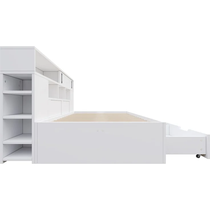 Multifunktionales Daybed mit Schubladen, Schrank, Regalen und Stauraum, 204,5 x 119,5 x 85 cm, Weiß, ohne Matratze – Bild 9