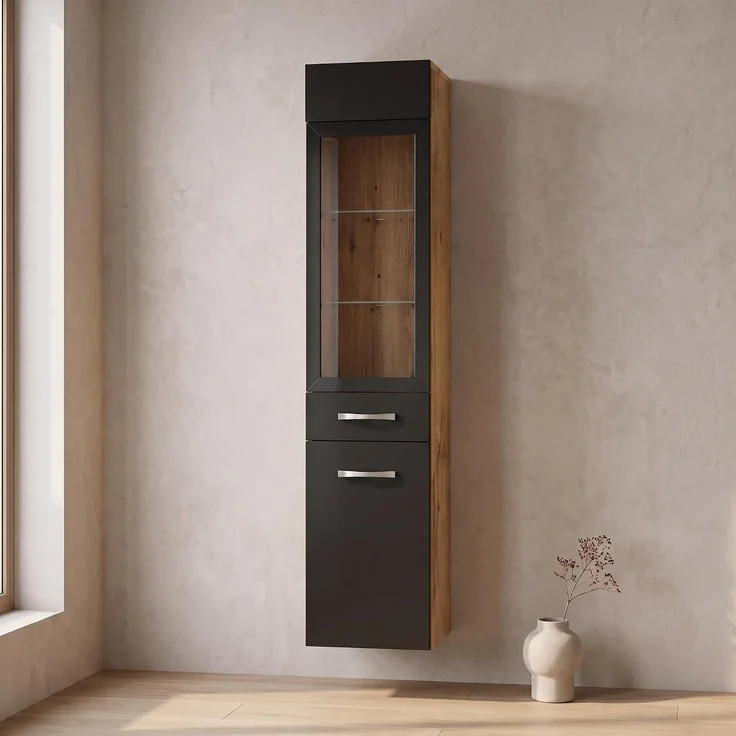 Badezimmer Schrank Rio 131 cm Eiche Kastanie mit Schwarz – Regal Schrank Hochschrank Schrank Möbel Badschrank – Bild 2