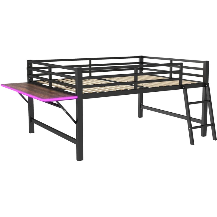 Merax 140 x 200 cm Kinderbett, Metallbett, Ohne Matratze, Geländer, Leiter, Schreibtisch, LED-Lichtband, Schwarz – Bild 8