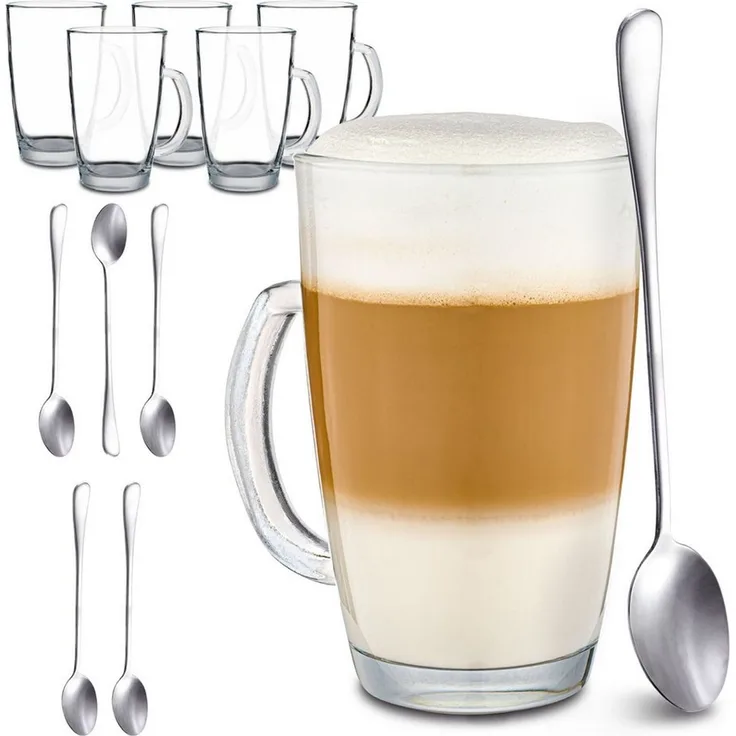 Cosumy Latte-Macchiato-Tasse 6er Latte Macchiato Gläser Set mit Henkel und Löffel - 300ml, 6-tlg, Glas, warm