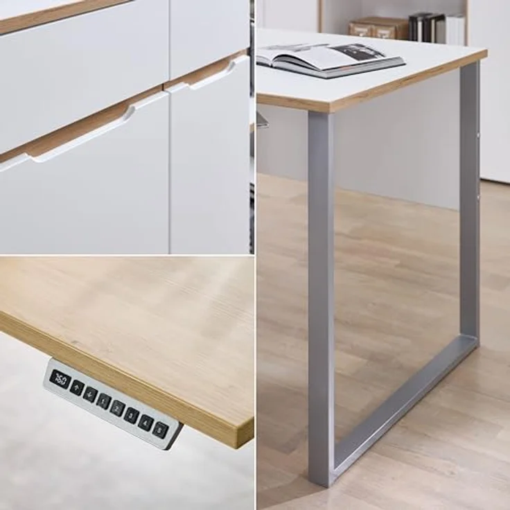 Stella Trading Memphis Schreibtisch in Weiß, Artisan Eiche Optik - Moderner Bürotisch Computertisch mit Metallgestell & Kabeldurchführungen - 170 x 77 x 73 cm (B/H/T) – Bild 8