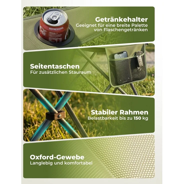 HOMECALL Campingstuhl Hochlehner 110cm mit Lendenwirbelstütze Klappstuhl Angelstuhl Faltbar (Bis 150kg, gepolstert, faltbar, stabil, 2 St), für Camp Garten Balkon – Bild 3