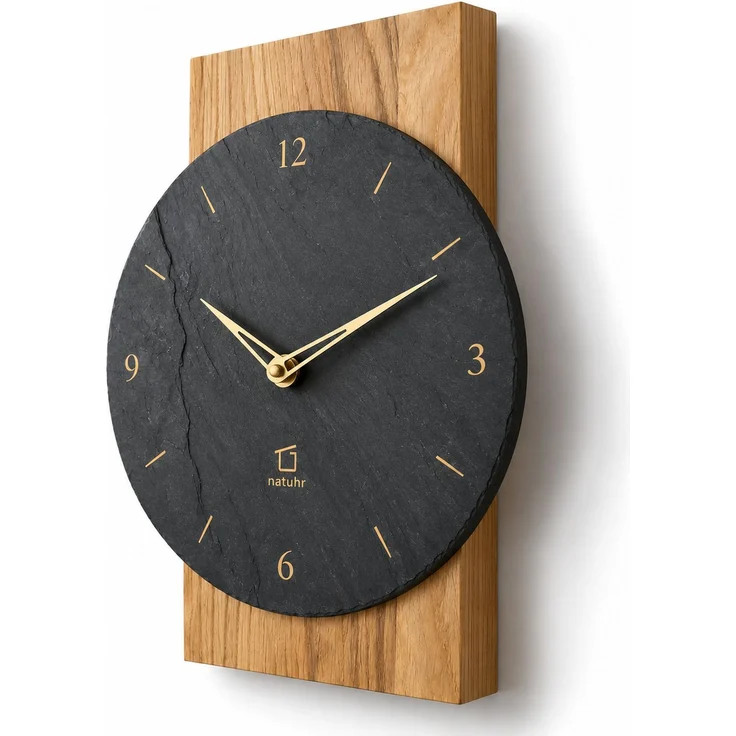 Natuhr Wanduhr F4000 Steineiche Funkwanduhr aus Massivholz Eiche mit Schiefer – Eiche natur – 34 × 24 × 5 cm – Bild 2