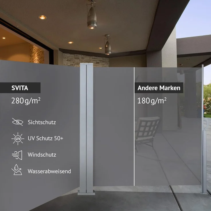 SVITA Doppelseitenmarkise ausziehbar freistehend Sichtschutz 600x160 cm Hellgrau – Bild 4
