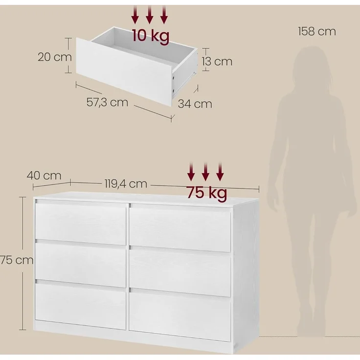 VASAGLE 'Kailyn Kollektion' Kommode mit 6 Schubladen, Aufbewahrungsschrank, Wäschekommode, für Schlafzimmer, modern, schneeweiß, 40x119,4x75 cm – Bild 5