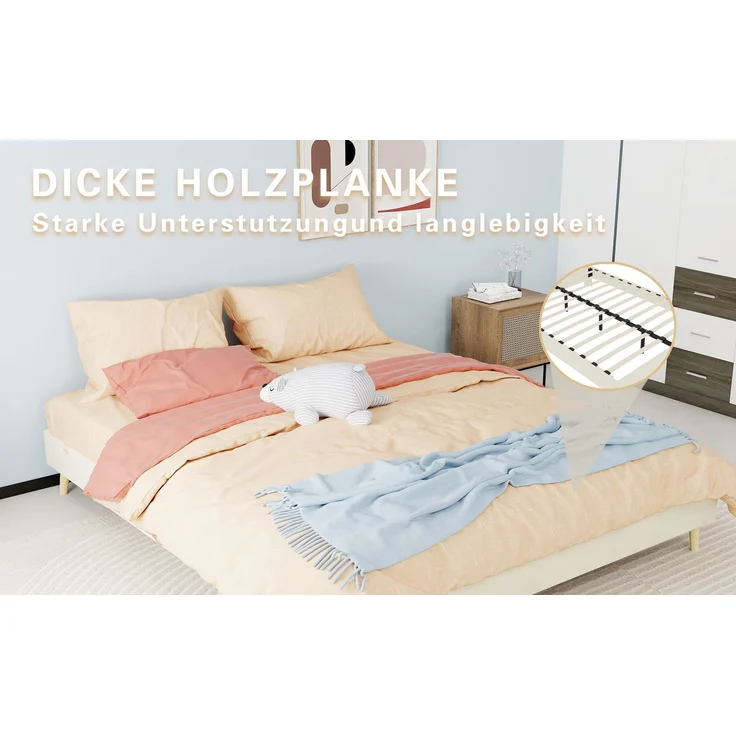 Novelux Modernes Bettgestell 160x200 cm Beige Samt - Plattformbett ohne Kopfteil, Minimalistisches Holzbett, Niedriges Bett für Modernes Schlafzimmer – Bild 7