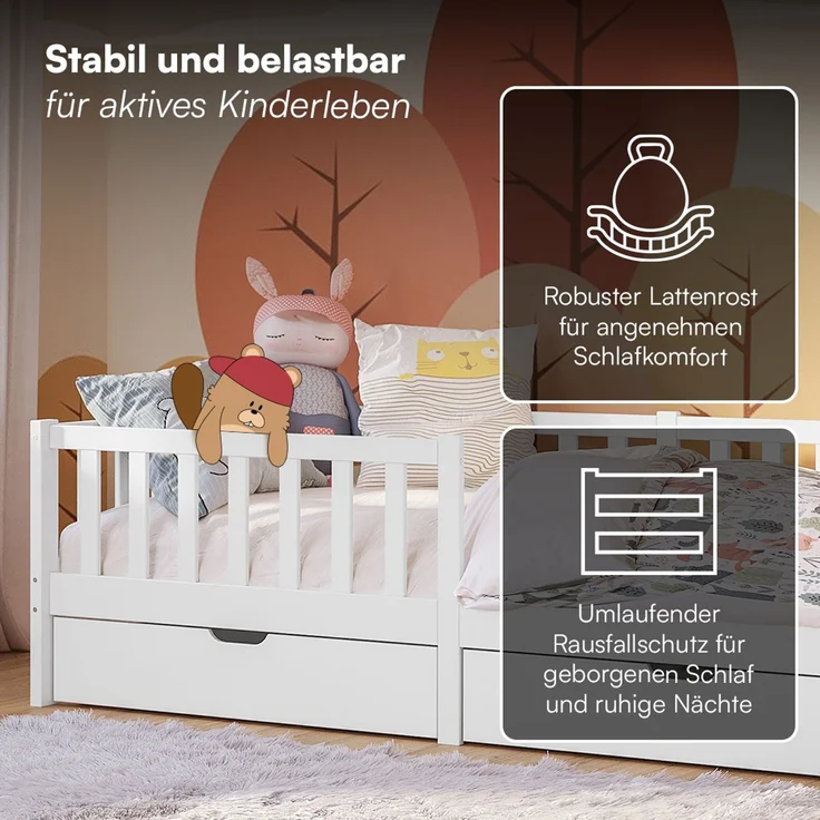 Bellabino 'Vere' Kinderbett 90x200 cm mit 2 Schubladen, weiß, Massivholz Kiefer, Jugendbett mit Rausfallschutz und Lattenrost – Bild 4