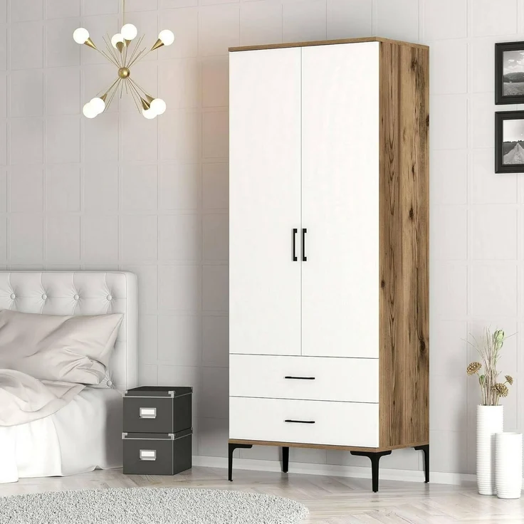 Dmora - Kleiderschrank 2 Türen Naos, Schlafzimmermöbel, Schrank, Garderobe, 80x201h48 cm, Walnuss und Weiß – Bild 4