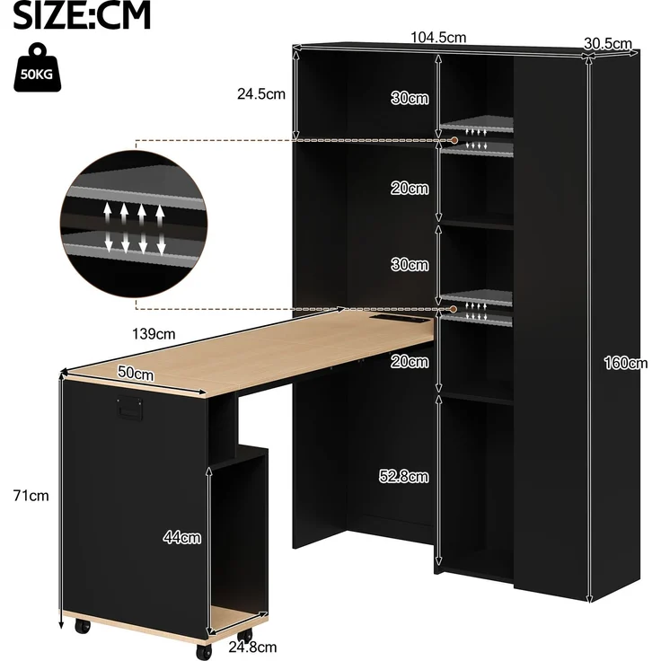 Klappbarer Schreibtisch mit Ablagen –2-in-1-Bücherregal und Schreibtisch, klappbar, mit Steckdose und USB-Anschluss, höhenverstellbare Ablagen, Kippschutz, Schreibtisch,Eck-Schreibtisch-rechts – Bild 4