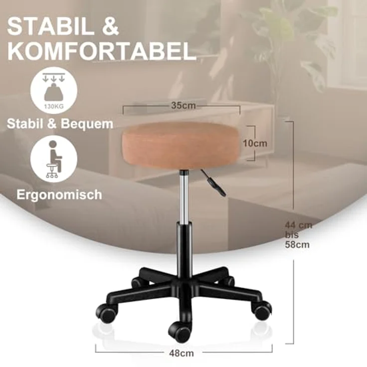 Zedelmaier Rollhocker höhenverstellbar, Bürohocker mit Gummirollen, 360° drehbar Hocker mit Rollen & 10 cm Polsterung, Sitzhocker Werkstatt, Drehhocker ergonomisch, Sitzhöhe 44–58 cm, Orange – Bild 3
