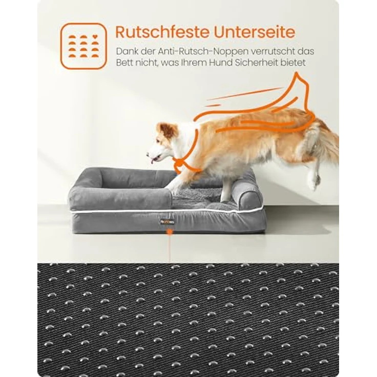 Feandrea Orthopädisches Hundebett, Hundekissen, Hundekorb, weiche Polsterung, Hundesofa, erhöhte Ränder, Bezug abnehmbar und waschbar, 91 x 71 x 20 cm, rutschfeste Unterseite, hellgrau PGW076G02 – Bild 9
