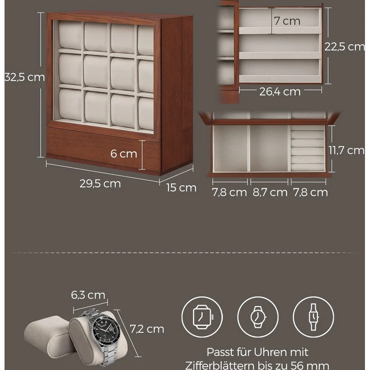 SONGMICS Uhrenbox 12 Fächer, Uhrenkasten mit Fenster, Uhren-Präsentation, Massivholzfurnier, Samtfutter, vertikale Aufbewahrung, platzsparend, Geschenkidee, kaffeebraun JOWDE014K01 – Bild 5