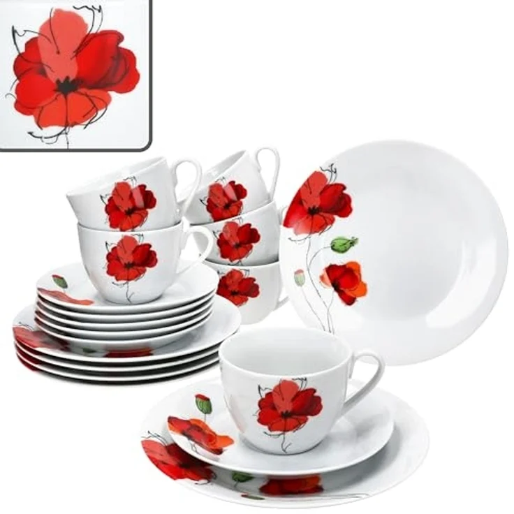 MamboCat Kaffeeservice MamboCat Mona 18tlg Kaffeeservice Mohnblüten Tasse Untertasse Teller, Porzellan – Bild 1