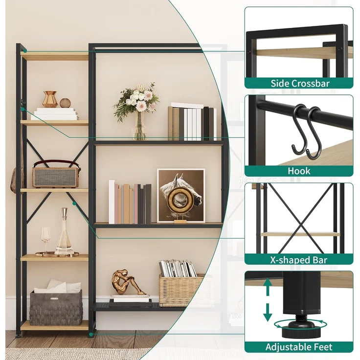 YITAHOME Standregal Bücherregal Mit 13 Regalen, Industrielles Regal Aus Holz Und Metallrahmen, Präsentationsregal Für Wohnzimmer, Heimbüro, Holzfarbe – Bild 4