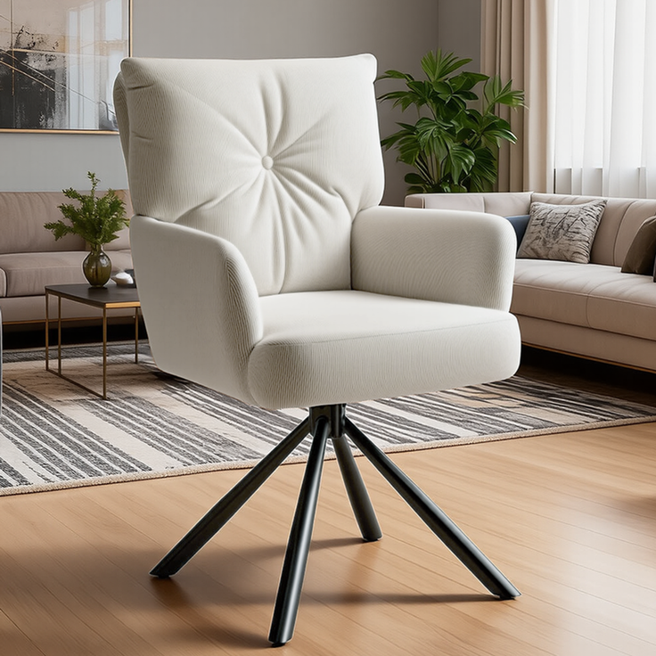 HOME NATURE WOHNKONZEPT Esszimmerstuhl, 360° drehbar, Cordstoff, Küchenstuhl Lehnstuhl Stuhl, geeignet für Schlafzimmer/Schminktisch, 49x46x94 cm (Weiß) – Bild 6