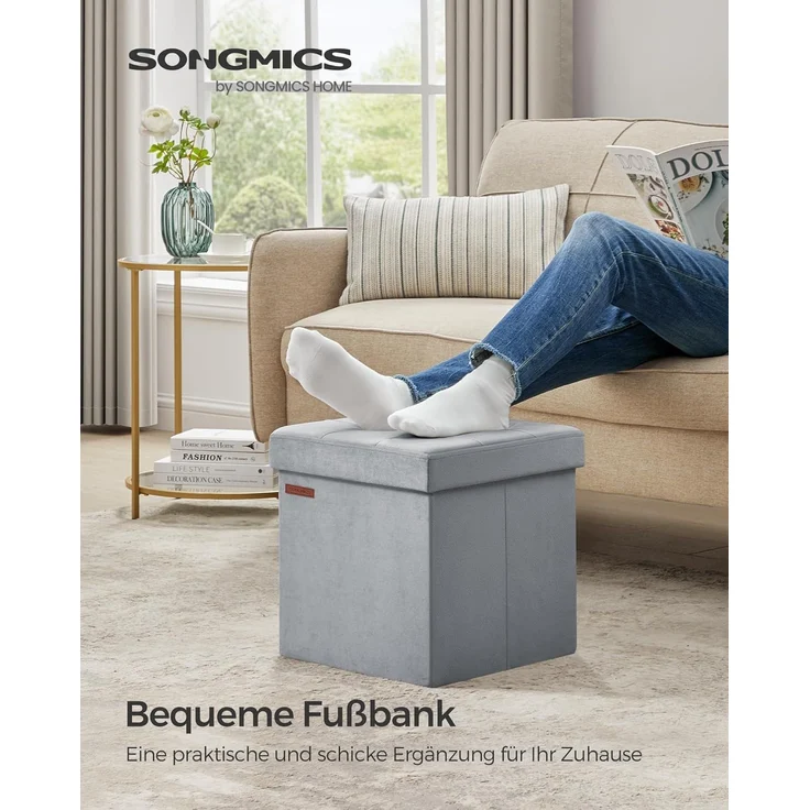 Songmics Sitztruhe mit Stauraum, Samt taubengrau, 38 x 38 x 38 cm – Bild 4