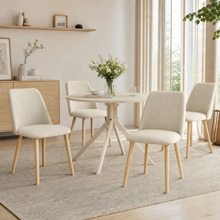 GOEURVANT 1001 Esstisch Set rund Ø 100 cm in Travertin-Optik weiß, Küchentisch mit 2 Stühlen in Beige – Bild 2