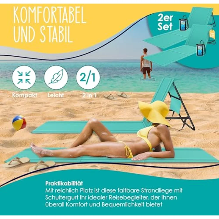 KESSER® Strandmatte klappbar mit verstellbarer Rückenlehne, Strandliege faltbar mit Tragegurt, wasserdichter Handyhülle & Aufbewahrungstasche, Sonnenliege für Strand Garten Terrasse, Liegematte 130Kg Blau, 2er Set – Bild 3