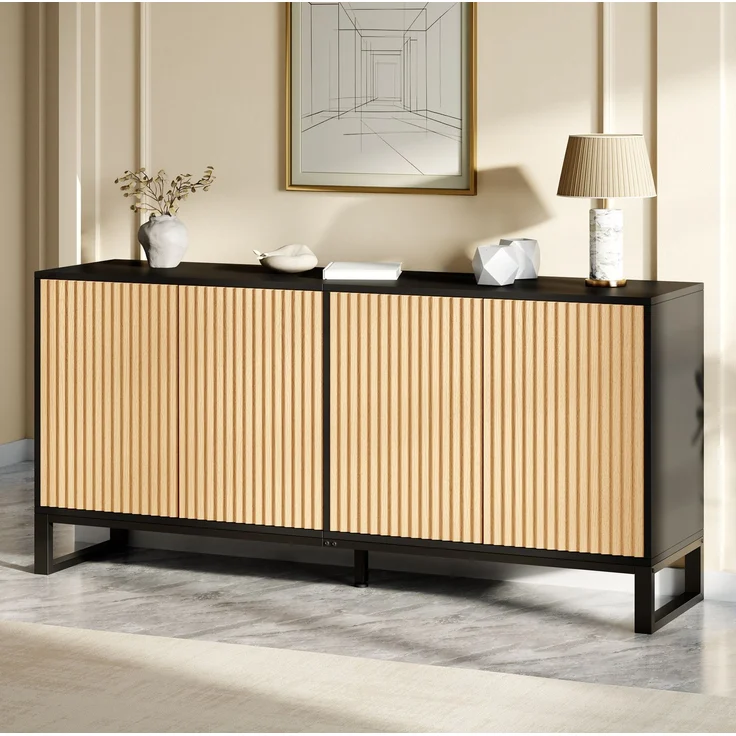 DESVIAE Sideboard Natur/Schwarz aus MDF/Spanplatte – 160x75x40 cm – 4 Türen, verstellbare Einlegeböden – Bild 1