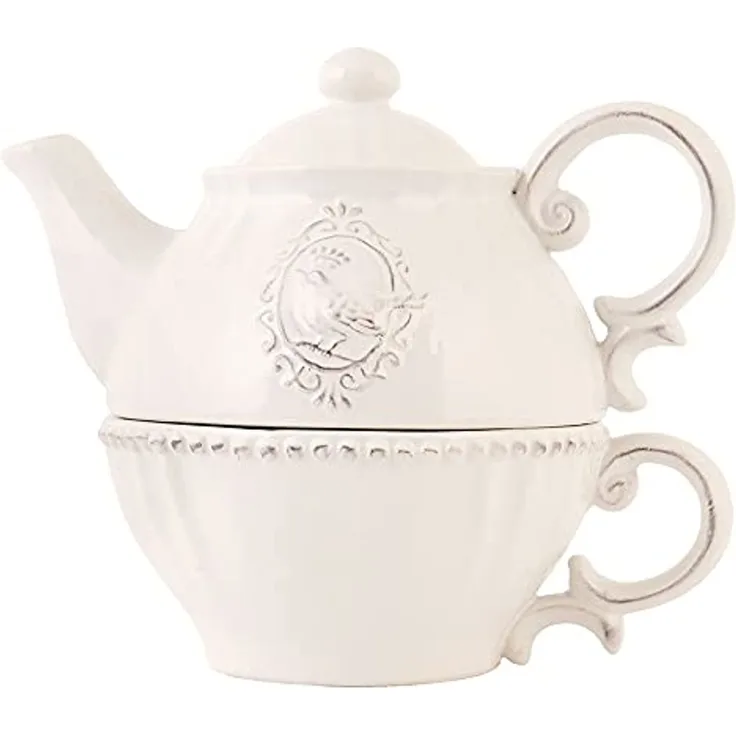 Clayre & Eef Teekanne TEA FOR ONE 400 ML Beige KERAMIK VÖGEL RUND TEEKANNEN SET TEESET
