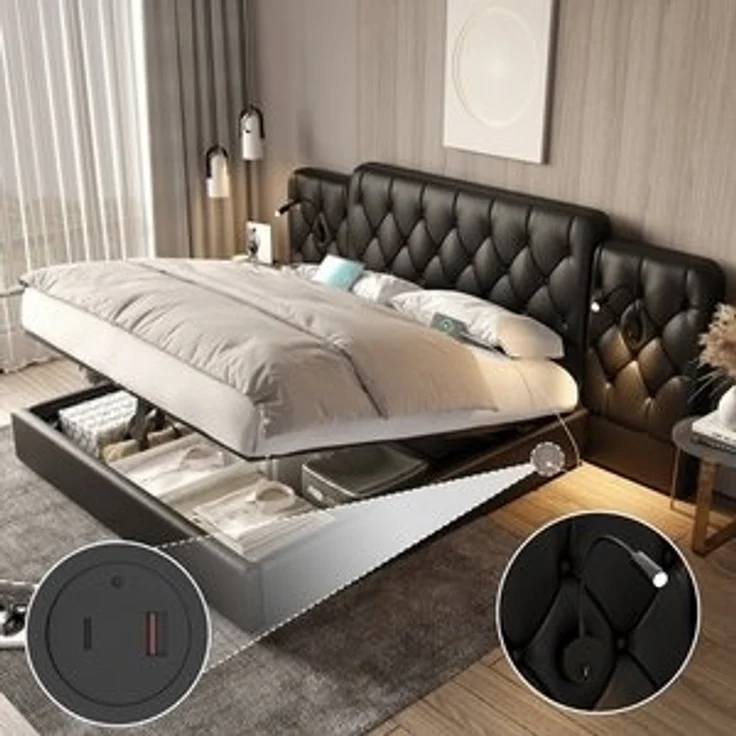 LVHOM Boxspringbett 160x200cm/180x200cm Bettgestell, Samt/PU, diamantgeprägtem Knopf-Design (Kunstlederbett, gepolsterter stabiler Metallrahmenkonstruktion mit flexiblen Nachttischlampe, USB-Ladeanschlüssen, Bettkasten, hydraulischem Stauraum-System, f... – Bild 6