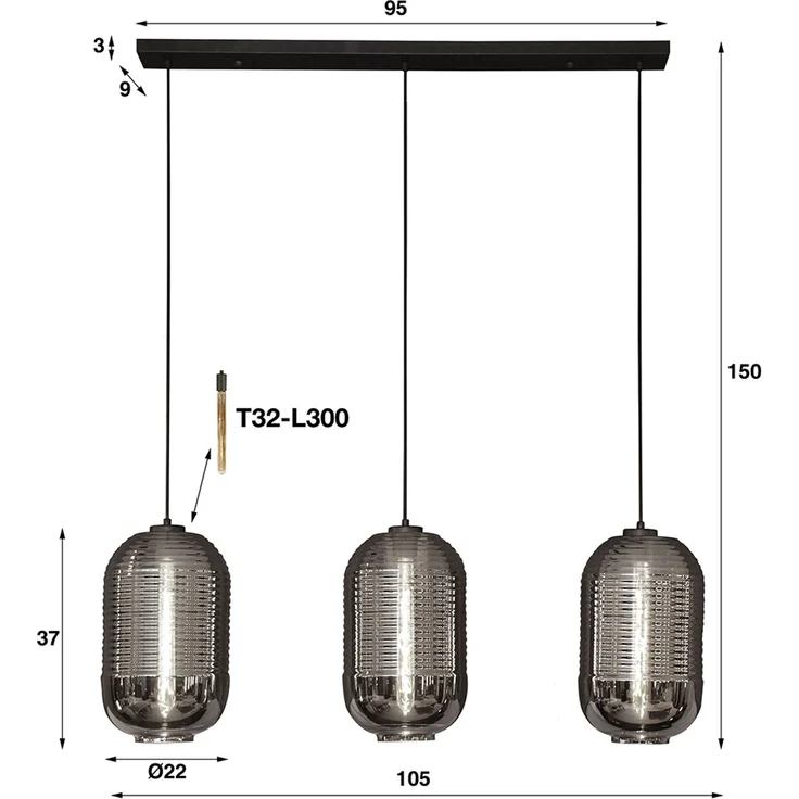 KAWOLA Hängeleuchte BRAGA Hängelampe 3-flammig Glas schwarz 150 x 22 x 105 cm – Bild 5