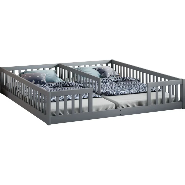 Doppelbett 90x200 cm aus Kiefernholz ,Kinderbett mit Sicherheitsgitter und Lattenrost, platzsparendes Familienbett,grau – Bild 7