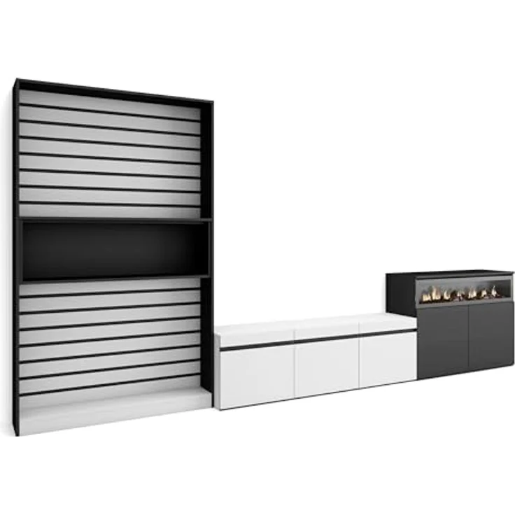 Skraut Home | Wohnwand Wohnzimmer | Wohnzimmermöbel, Möbelset | 360x186x35cm | Für TV-Geräte bis zu 65" | Elektrokamin. | Moderner Stil | Weiß und Schwarz – Bild 1