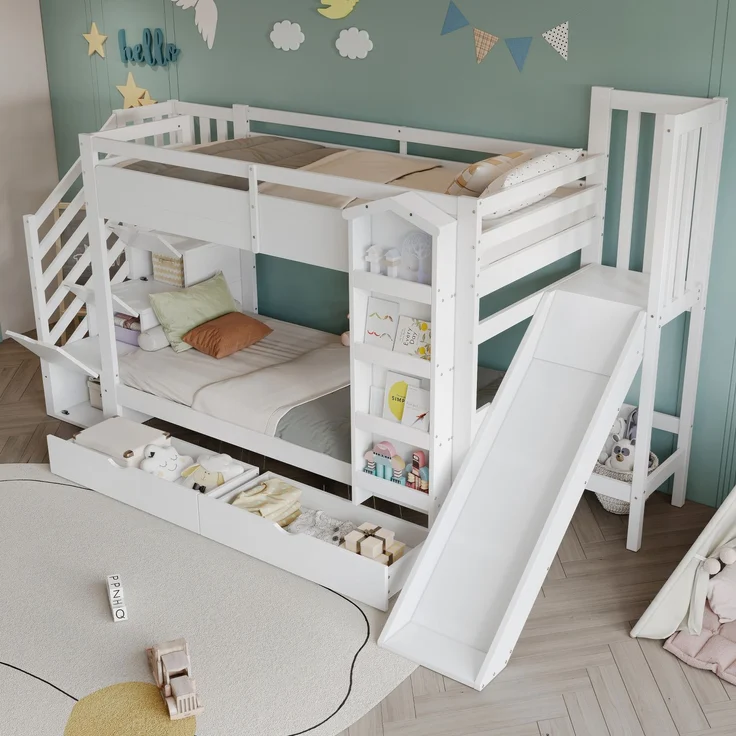 Merax Etagenbett, 90x200cm Kinderbett, Mit Bilderbuchregal, zwei Schubladen auf Rollen und Kinderrutsche, Treppenaufbewahrungs-Schrank, Weiß – Bild 3