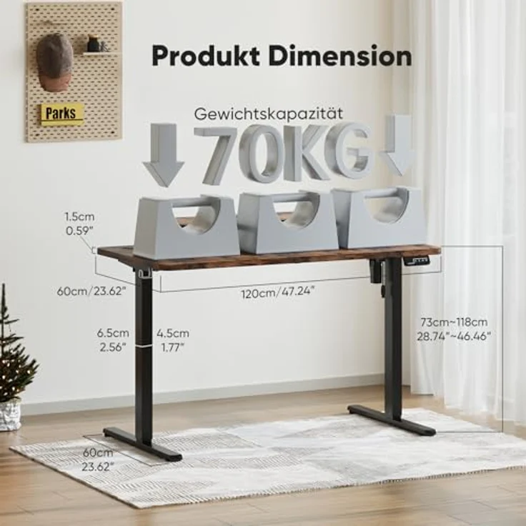Sweetcrispy Höhenverstellbarer Schreibtisch mit Monitorständer, 120x60 cm Schreibtisch Höhenverstellbar Elektrisch, Ergonomischer Steh-Sitz Tisch, Computertisch Standing Desk, Vintagebraun – Bild 4