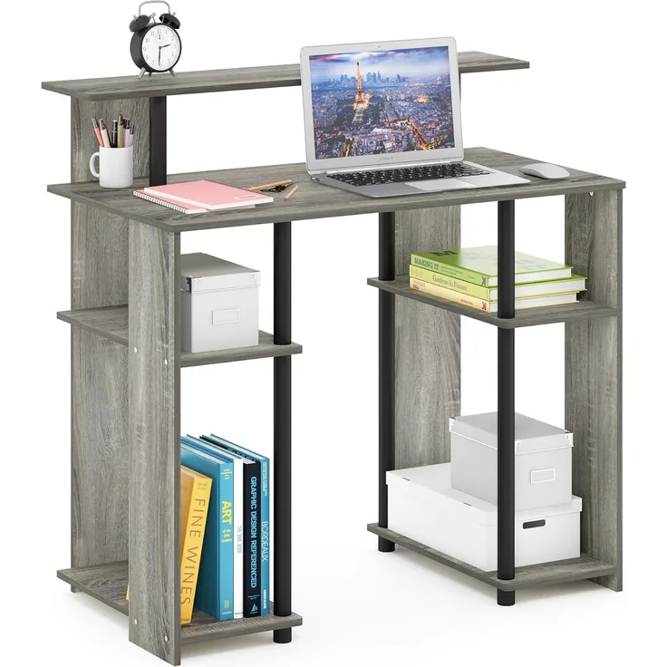 Furinno JAYA Computer/Schreibtisch mit Ablageflächen, Holz, Französische Eiche Grau/Schwarz, 47. 75x89. 66x90. 17 cm