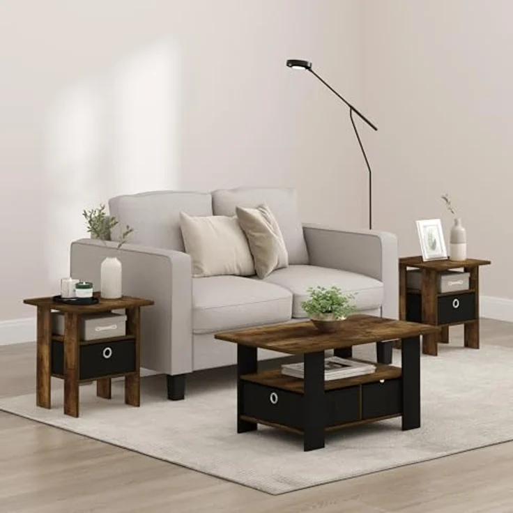 Furinno Andrey Beistelltisch mit Schublade, Bernsteinkiefer/Schwarz, 2er-Set – Bild 3