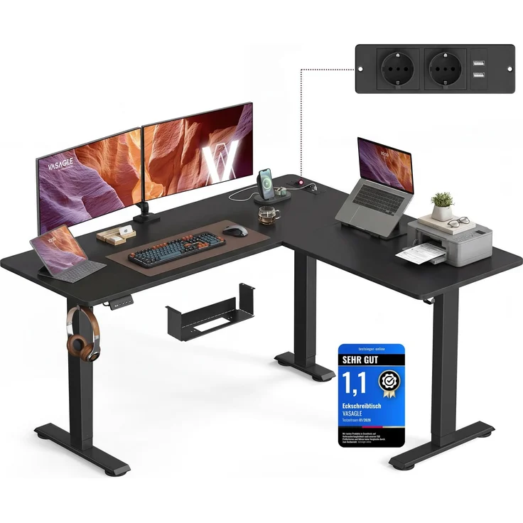 VASAGLE Höhenverstellbarer Schreibtisch, 160x140 cm, L-förmiger Eckschreibtisch, Stehtisch, 2 AC-Steckdosen, 2 USB-A-Anschlüsse, Ablage für Steckdosenleiste, für Büro, tintenschwarz LSD264BZ01