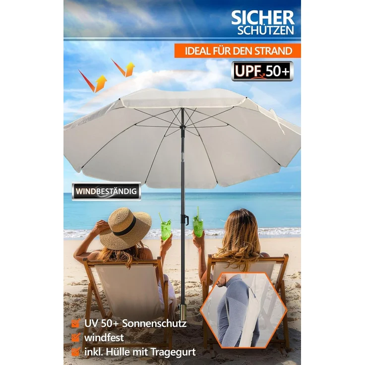 4smile Sonnenschirm Strand SunnyJoy, Beige – 3er Set inkl. Strandschirm windfest stabil, Rasendorn Sonnenschirmhalter, Schirmhülle – Sonnenschirm mit Rasendorn, Schirmspieß für Garten – Bild 3