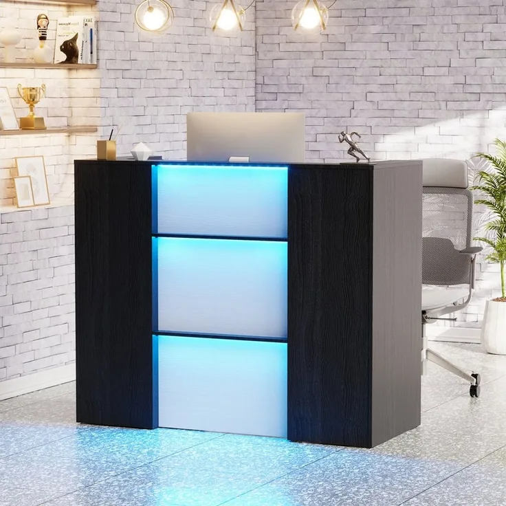 PEALOV Empfangstheke mit RGB-LED-Beleuchtung, Verkaufstheke mit Stauraum, 120 x 50 x 100 cm (1-St), Vielseitige Rezeptionstheke für Büro, Salon, Geschäft und Café