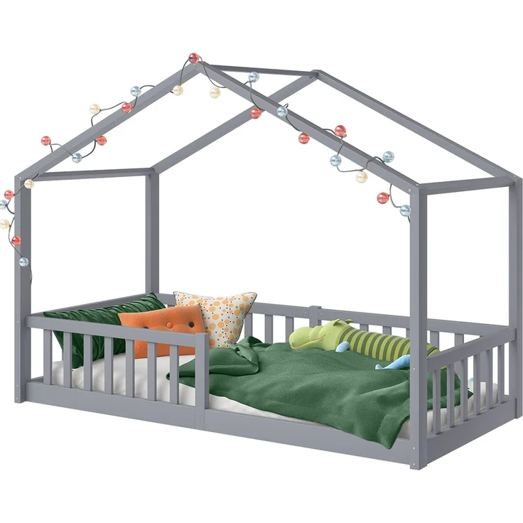 Bellabino 'Bia' Hausbett 90x200 cm, grau, Kiefer Massivholz, Bodenbett in Hausoptik, Montessori Kinderbett mit Rausfallschutz und Lattenrost – Bild 11