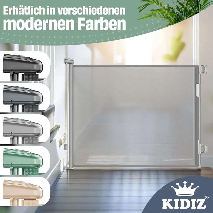 KIDIZ® Treppenschutzgitter Türschutzgitter ausziehbar bis 140/180cm | kindersicheres Treppengitter für Babys & Haustiere | Schutzgitter Treppen & Türen Absperrgitter inkl. Bodenanker & Montagezubehör Hellgrau, 0-180cm – Bild 7