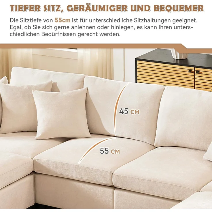 Ball & Cast U-förmiges Eckcouch mit Schlaffunktion, 4-Sitzer Sofa mit 2 Fußhocker für das Wohnzimmer Wohnung Villa, 278 x 81 x 161 (BxHxT), Beige – Bild 7