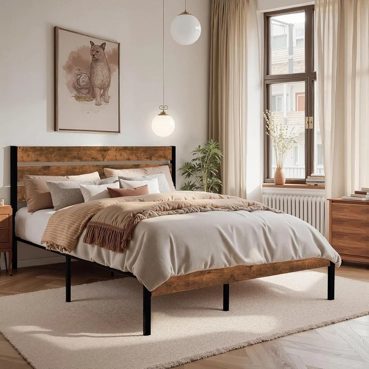 VECELO Bettgestell 140x200 cm, Doppelbett mit Holzkopfteil und stabilem Metalllattenrost, 320 kg Tragkraft, 31 cm Stauraum, Einfache Montage, Industrie-Stil, Braun – Bild 3