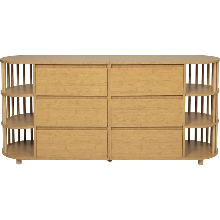 Merax 160cm Kommode Sideboard 160cm Eiche, Römisches Design mit Säulen & Bambus-Regalen, 6 Schubladen & offene Regale, Höhenverstellbare Füße, H75/B160/T40 cm – Bild 8